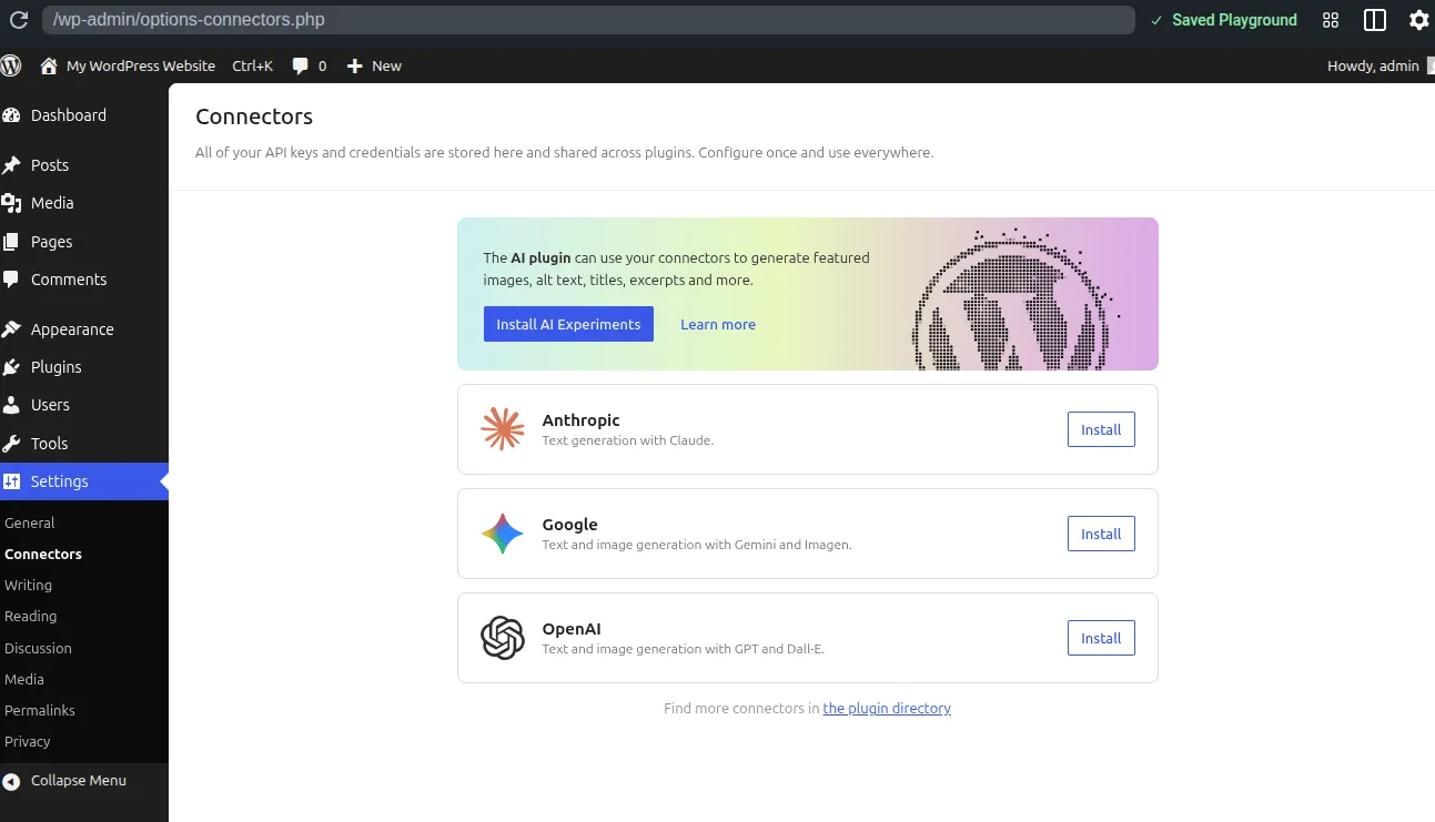 Page de gestion des connecteurs IA dans l'admin WordPress