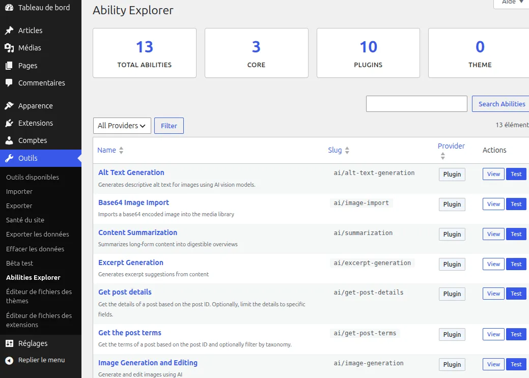 Explorateur d'Abilities dans l'interface d'administration de WordPress 7.0