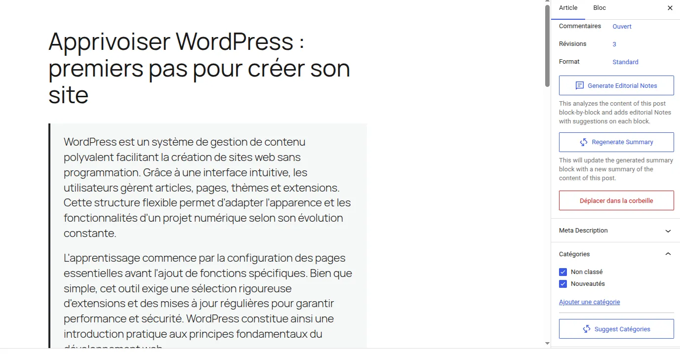 De nouvelles possibilités apparaissent alors dans l'éditeur pour générer une image, un résumé, choisir une catégorie ou des tags