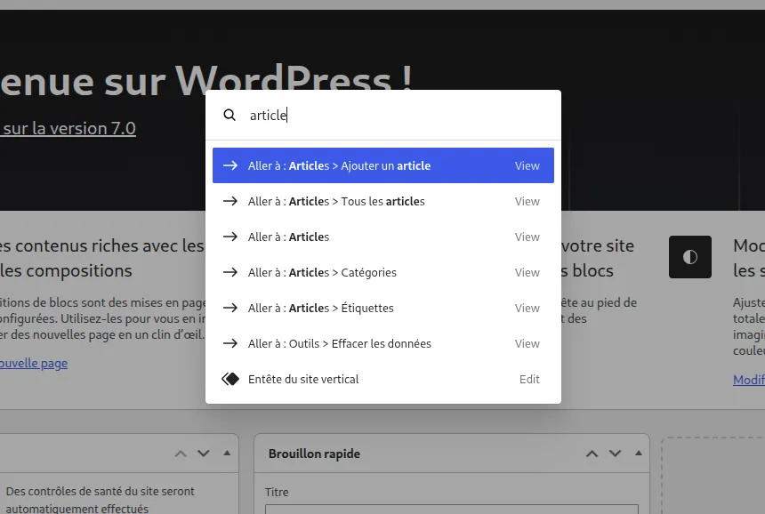 Exemple de recherche d'une page de réglages depuis la Command Palette
