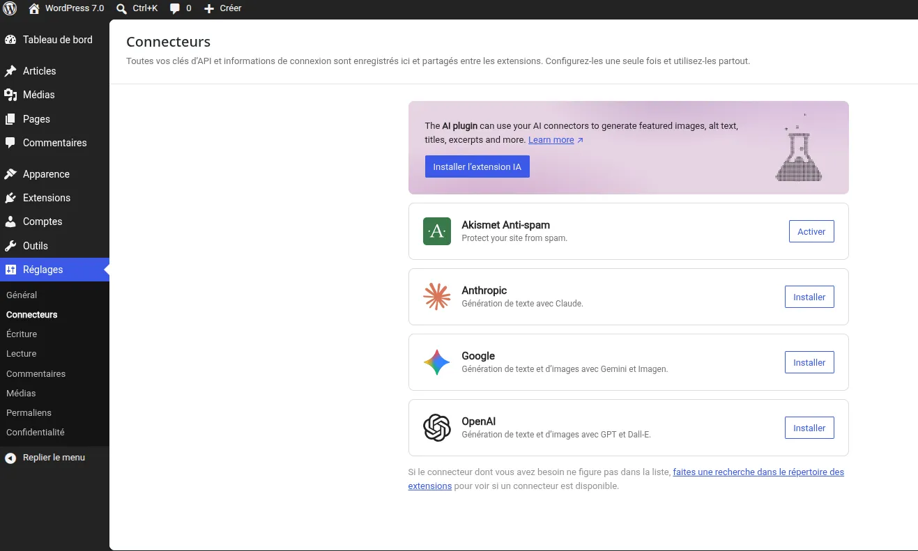 Page connecteurs pour l'intégration de l'IA dans WordPress 7.0 avec choix du fournisseur et activation de la clé API et du plugin officiel