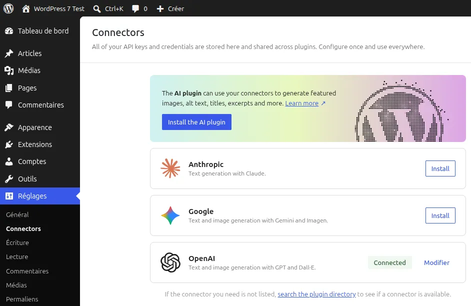 Page de gestion des connecteurs d'IA dans WordPress 7.0