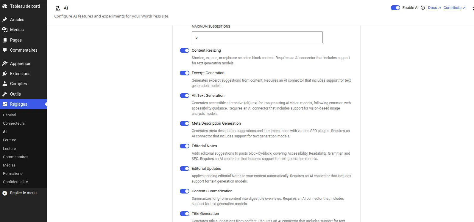 Une fois la clé API et le plugin activés, vous pouvez choisir les capacités sur la page IA qui permet également de tout activer ou désactiver d'un seul clic