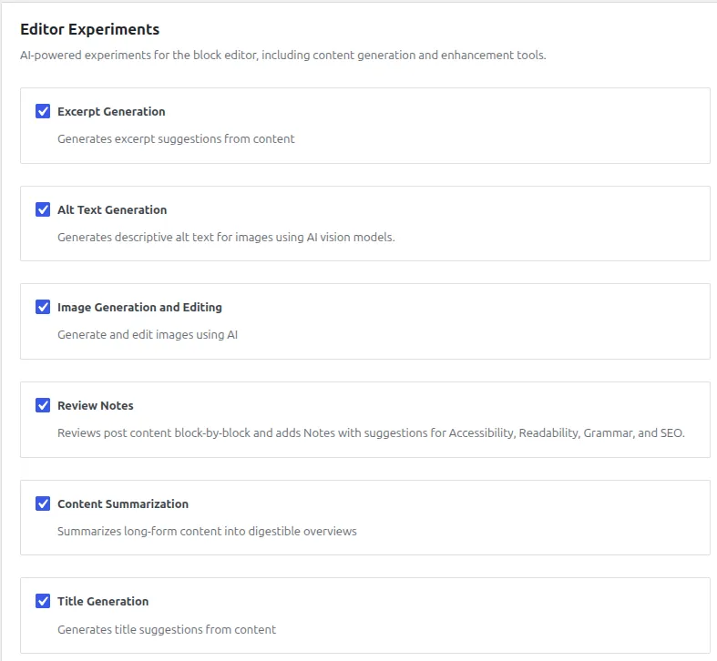 Page de configuration du plugin AI dans WordPress 7.0
