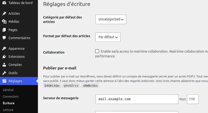 Capture d'écran de l'option de collaboration en temps réel dans les réglages de WordPress