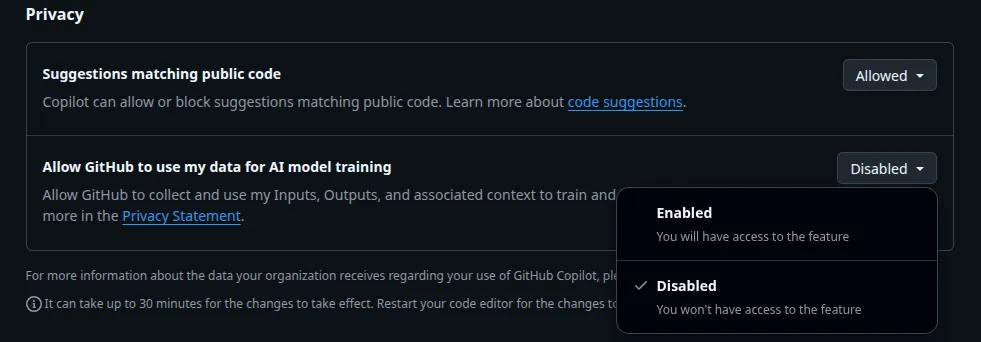 GitHub Copilot - Opt-out sur l'utilisation des données pour entraîner les modèles d'IA