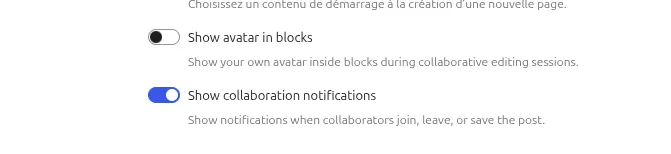 Capture d'écran de la gestion des notifications de collaboration en temps réel dans les préférences de l'éditeur
